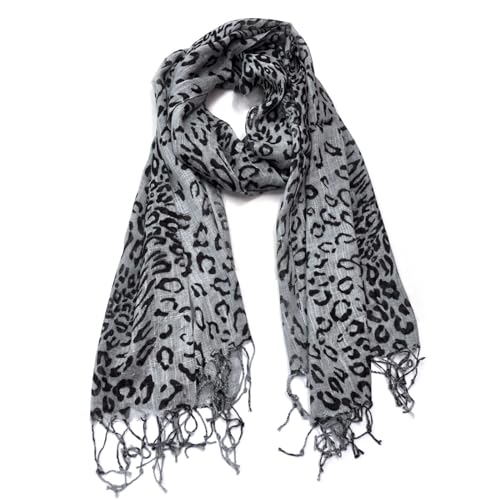 Generisch Damen Stola Schal Halstuch Tuch Langschal Fransen Lang schal mit Leo Leopard Muster Accessoires (A Grau) von Generisch