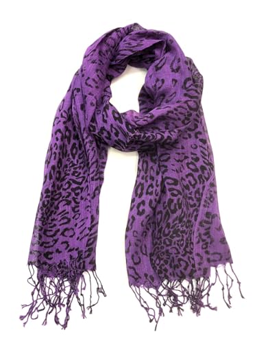 Generisch Damen Stola Schal Halstuch Tuch Langschal Fransen Lang schal mit Leo Leopard Muster Accessoires (A Lila) von Generisch