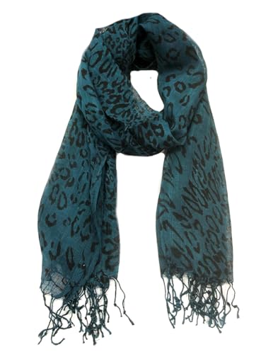 Generisch Damen Stola Schal Halstuch Tuch Langschal Fransen Lang schal mit Leo Leopard Muster Accessoires (A Petrol) von Generisch