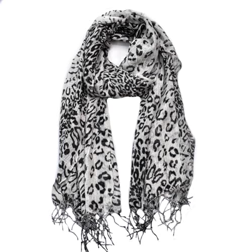 Generisch Damen Stola Schal Halstuch Tuch Langschal Fransen Lang schal mit Leo Leopard Muster Accessoires (A Weiß) von Generisch