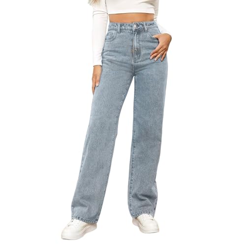 Generisch Damen Straight Leg Jeans Baggy Weites Bein Jeanshosen Leichte Sommerjeans Elegant High Waist Stretch Lässige Schlaghosen Einfarbig Jeans für Frauen Teenager Mädchen von Generisch