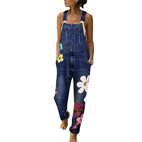 Generisch Damen Strap Strampler Overalls Denim LäSsige Lange Hose Mit Verstellbarem Riemen Distressed Boyfriend Jeans-Latzhose Mit Weitem Bein (S,Blau) von Generisch