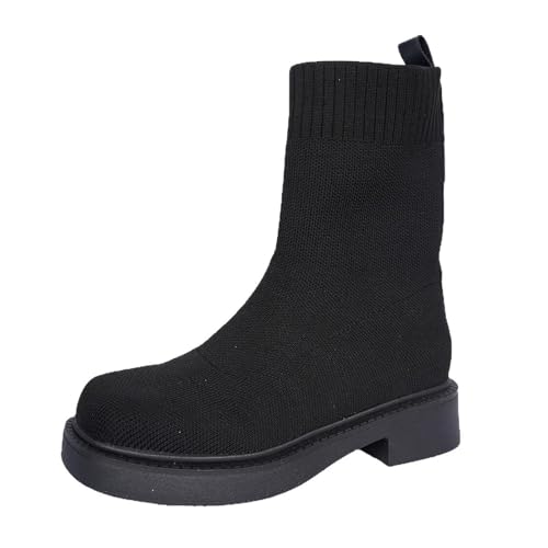 Generisch Damen Strick Stiefeletten Quadratische Zehenpartie Chunky Blockabsatz Dehnbar Slip-On Kurze Stiefeletten Winter Kleid Schuhe (Black, 41) von Generisch