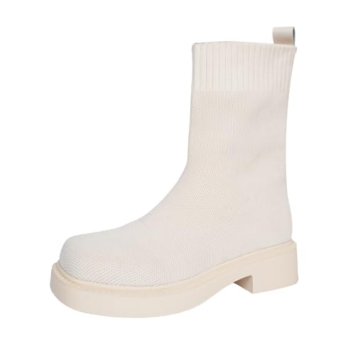 Generisch Damen Strick Stiefeletten Quadratische Zehenpartie Chunky Blockabsatz Dehnbar Slip-On Kurze Stiefeletten Winter Kleid Schuhe (White, 41) von Generisch