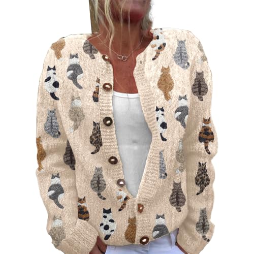 Generisch Damen Strickjacke Elegante 3D Kreative Druck Strick Cardigan Open Front Pullover Schaltflächen Lange Ärmel V-Ausschnitt für Herbst Winter Leicht Kurz Outerwear von Generisch