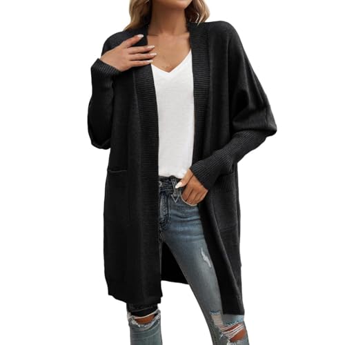 Generisch Damen Strickjacke Lang Cardigan Elegant Feinstrick Strickjacken Damen Langarm Mit Schalkragen Longstrickjacke Laternenärmel Einfarbig Strickjacke Winter mit Taschen Strickmantel Kuschelige von Generisch