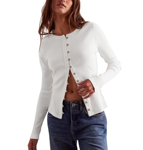 Generisch Damen Strickjacke Langarm Offene Vorderseite Schmaler Rippstrick Rundhals Cardigan Elegante Pullover Jacke Oberbekleidung für Herbst Winter Weiß M von Generisch