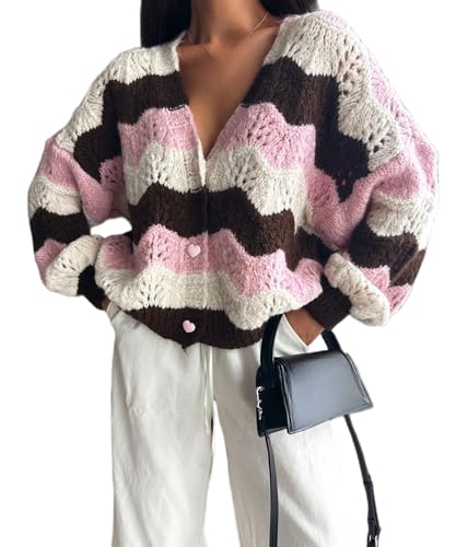 Generisch Damen Strickjacke mit Regenbogenstreifen Langärmelig Vorne Offen Lässiger Häkelpullover Y2K Streetwear V Ausschnitt Button Down Leichte Strickjacken Pink S von Generisch