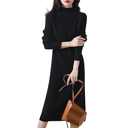 Generisch Damen Strickkleid, Strickkleid Damen Winter Halbhoher Kragen Woll Elegant Lang Reine Farbe Pulloverkleid Herbst Sweater Dress Outfit Weihnachts Kleid Schwarz Langarm Pullover (M, Black) von Generisch