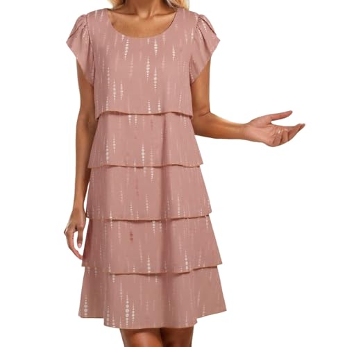 Generisch Damen Stufen Chiffonkleid Faltenkleid Patchwork Sommerkleider Chiffon Rundhals Kurzärm Kleid Abend Midikleid Abendkleider Partykleid Mode Elegant von Generisch