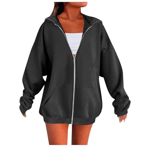 Generisch Damen Sweatjacke 2025 Oversize Full Zip Kapuzenjacke Einfarbig Herbst Übergangsjacke College Style Casual Freizeit Bequem,Sweatshirts Für Damen,Oversize Shirt Große Größen,Dunkelgrau,L von Generisch