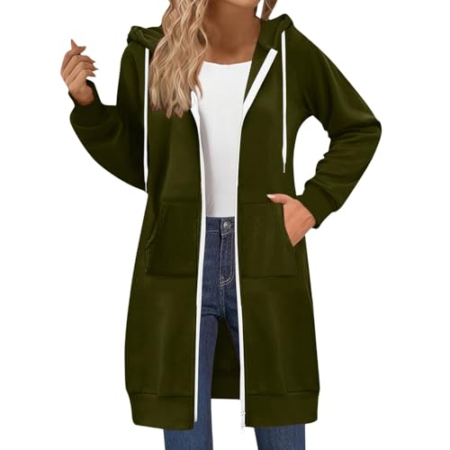 Generisch Damen Sweatjacke Lang Kapuzenpullover Zip Hoodie Jacke mit Reißverschluss Langarm Kapuzenjacke Herbst Winter Sweatshirt Pulli mit Taschen Streetwear von Generisch