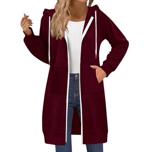 Generisch Damen Sweatjacke Lang Kapuzenpullover Zip Hoodie Jacke mit Reißverschluss Langarm Kapuzenjacke Herbst Winter Sweatshirt Pulli mit Taschen Streetwear von Generisch