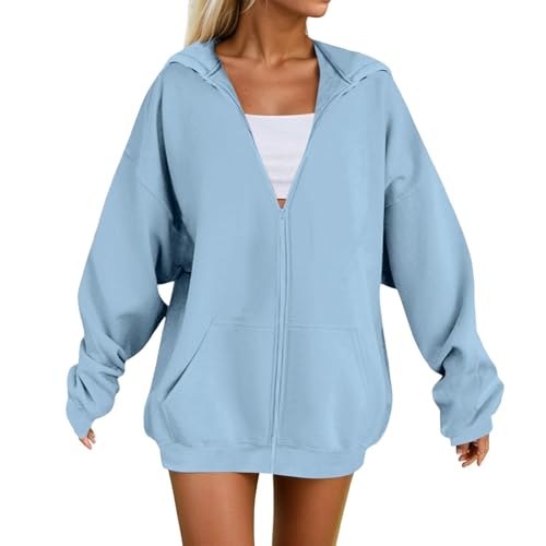 Generisch Damen Sweatjacke Mit Kapuze Langarm Zipper Kapuzenjacke Oversize Hoodie Mit Reißverschluss Und Taschen Einfarbig Sport Kapuzenpullover Bequem Sweatshirt Lang Pullover Himmelblau XL von Generisch