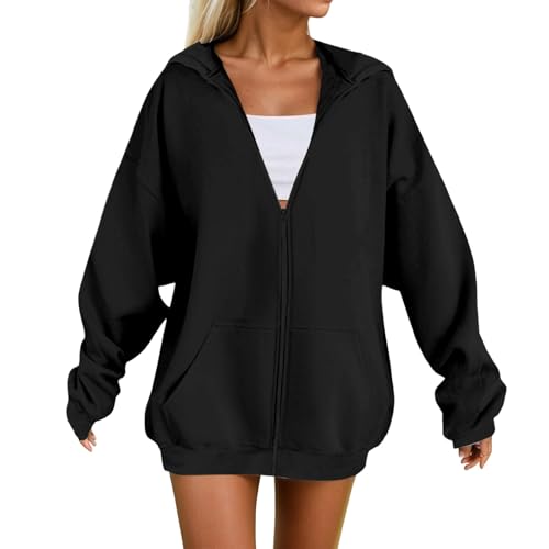 Generisch Damen Sweatjacke Mit Kapuze Langarm Zipper Kapuzenjacke Oversize Hoodie Mit Reißverschluss Und Taschen Einfarbig Sport Kapuzenpullover Bequem Sweatshirt Lang Pullover Schwarz XXXXXL von Generisch