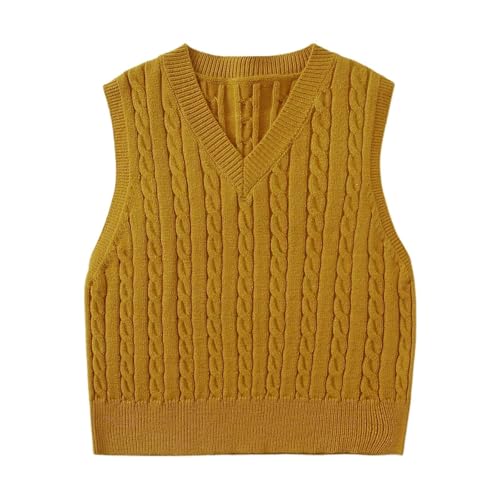 Generisch Damen Sweatjacke Ohne Arm Weste Pullover Ärmelloses Top Strickpullover Damen Muster (Yellow, XL) von Generisch