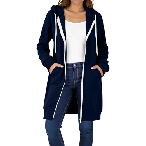 Generisch Damen Sweatjacke mit Kapuze Lang Full-Zip Hoodie Jacke Kordelzug Langarm Kapuzenjacke Elegant Einfarbig Kapuzenpullover Bequem Casual Mantel Autumn Winter Mode Übergangsjacke (A-1-Navy, L) von Generisch