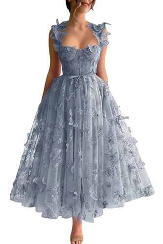 Generisch Damen Taillenband Spitze Spitze 3D-Applikation Abendkleider Party-Kleider Tüll-Kleider Staubigblau 44 von Generisch