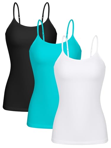 Generisch Damen-Tanktop aus Baumwolle, verstellbare Spaghettiträger, weich, bequem, Tank-Top, Cami-Unterhemd, Weiß/Schwarz/Türkis, Large von Generisch