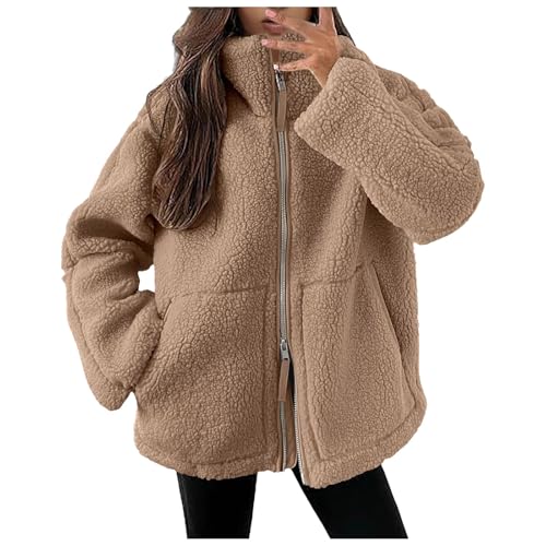 Generisch Damen Teddy Fleecejacke - Teddyjacke Damen Warme Doppelschneidiger Samt Jacke Dicke Freizeit Winterjacke Einfarbig Fleecejacke Mit Taschen Reißverschluss Wintermantel Plüschjacke von Generisch