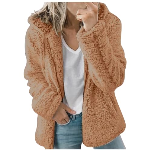 Generisch Damen Teddy Jacke kurze Kunstfelljacke Oversize Warm Wintermantel Jacken Warm Cardigan Kapuzenjacke Reißverschluss Langarm Oberteile Top Winterjacke mit Taschen (Orange, XXL) von Generisch