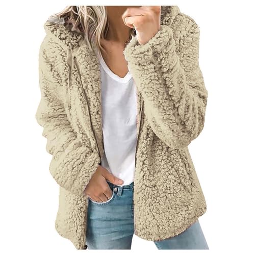 Generisch Damen Teddy Jacke kurze Kunstfelljacke Oversize Warm Wintermantel Jacken Warm Cardigan Kapuzenjacke Reißverschluss Langarm Oberteile Top Winterjacke mit Taschen (P1-Khaki, 5XL) von Generisch