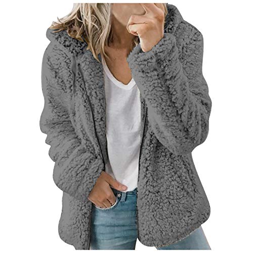 Generisch Damen Teddy Jacke kurze Kunstfelljacke Oversize Warm Wintermantel Jacken Warm Cardigan Kapuzenjacke Reißverschluss Langarm Oberteile Top Winterjacke mit Taschen (P2-Dark Gray, XXL) von Generisch