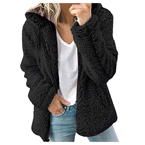 Generisch Damen Teddy Jacke kurze Kunstfelljacke Oversize Warm Wintermantel Jacken Warm Cardigan Kapuzenjacke Reißverschluss Langarm Oberteile Top Winterjacke mit Taschen (P3-Black, M) von Generisch