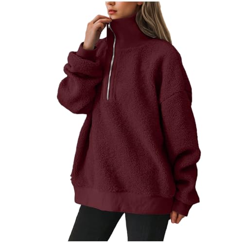Generisch Damen Teddyfleece Pullover Leichte Sweatshirt Pulli Locker Fleecepullover Langarm Oberteile Flauschig Sweater Einfarbig Winterpullover Basic Langarmshirt Half Reißverschluss Fleecepulli von Generisch