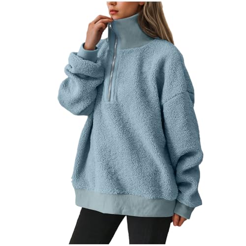 Generisch Damen Teddyfleece Pullover Leichte Sweatshirt Pulli Locker Fleecepullover Langarm Oberteile Flauschig Sweater Einfarbig Winterpullover Basic Langarmshirt Half Reißverschluss Fleecepulli von Generisch