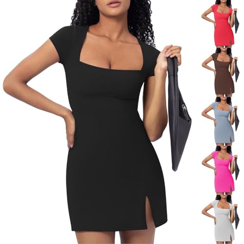 Generisch Damen Tenniskleid mit quadratischem Ausschnitt kurze Ärmel Golfkleid Damen Bodycon Kleid Kurz Enges Wickelkleid Kurzarm Sommerkleid von Generisch