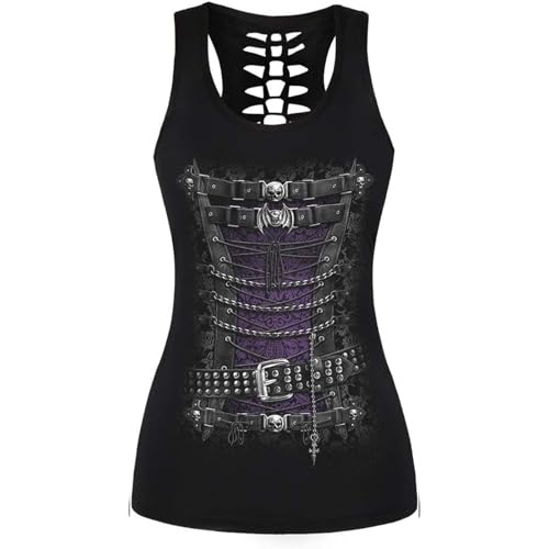 Generisch Damen Totenkopf Sportshirt Gothic Tank Tops Ärmellos Criss Cross Hemd Schnelltrocknendes Laufshirt Quick Dry Oberteile Sommershirt Yoga Kleidung Schädel Workout Weste von Generisch