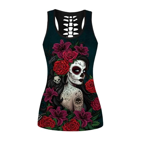 Generisch Damen Totenkopf Sportshirt Gothic Tank Tops Ärmellos Criss Cross Hemd Schnelltrocknendes Laufshirt Quick Dry Oberteile Sommershirt Yoga Kleidung Schädel Workout Weste von Generisch