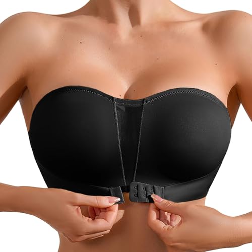 Generisch Damen Trägerloser BH Frontverschluss BHS Ohne Bügel Push Up Bra Mit Vorderer Schnalle Bustier Seamless Soft Super Bequemer Bandeau BH Starker Halt rutschfest Einfarbig Trägerloses Top von Generisch