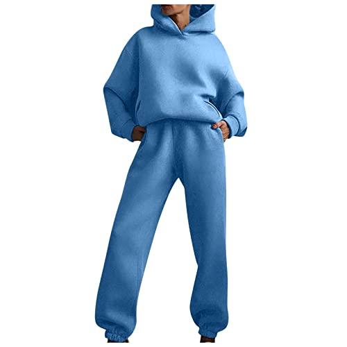 Generisch Damen Trainingsanzug Set, Jogginganzug Mode Solide Farbe Baumwolle Jogginghose Sport Zweiteiliges Set Sweatshirt Mit Kapuze Arbeitspullover Sweatpants Women Set Hoodie Yoga (3XL, Blue) von Generisch