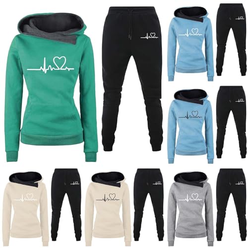 Generisch Damen Trainingsanzug Set 2-Teilig Heartbeat Print Hoodie Jogginghose Sweatshirt Hose Zweiteiler Jogginganzüge Damen Kapuzenpullover Sporthose Set 2024 Trendy von Generisch