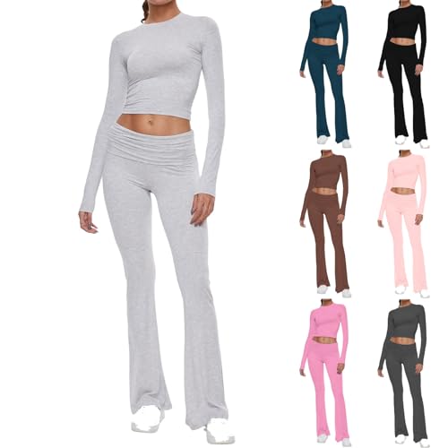 Generisch Damen Trainingsanzug Sommer Jogginganzug Yoga Sportanzug Bequem Zweiteiler Passform Freizeitanzug Slim Fit Hausanzug Einfarbig Crop Tops Hosen 2 Teilig Lounge Sets (A01 Light Gray,S) von Generisch