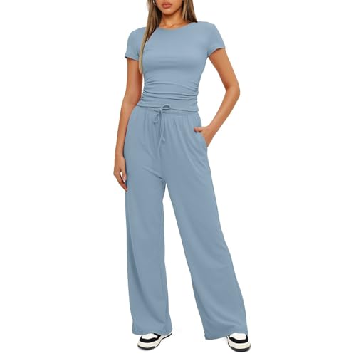 Generisch Damen Trainingsanzug Sommer Jogginganzug Yoga Sportanzug Bequem Zweiteiler Passform Freizeitanzug Slim Fit Hausanzug Einfarbig Crop Tops Hosen 2 Teilig Lounge Sets (A40 Light Blue,S) von Generisch