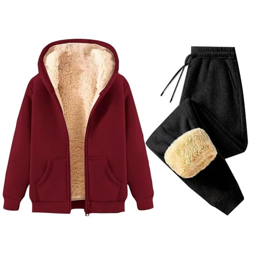 Generisch Damen Trainingsanzug Winter Sportanzug Oversize Jogginganzug Warm Outfit Hausanzug Loungewear Zweiteiler Tracksuit Freizeitanzug (A18 Wine,L) von Generisch