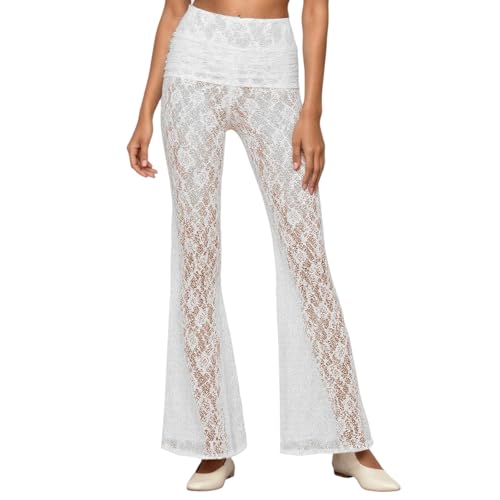 Generisch Damen Transparent Schlaghose Spitzenhose Elastischer Bund Lange Hosen Musikfestival Outfit Hosen mit Spitzen von Generisch