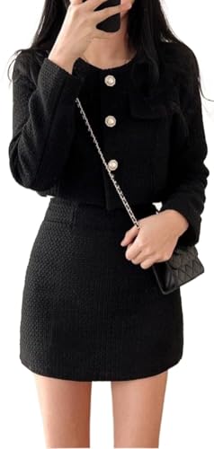 Generisch Damen Tweed Knopf Perle Minirock Anzug 2 Stück Set Langarm Rundhalsausschnitt Jacke Hohe Taille Kurzer Rock Frühling Herbst Lässig Urlaub Outfit (Schwarz,XL) von Generisch