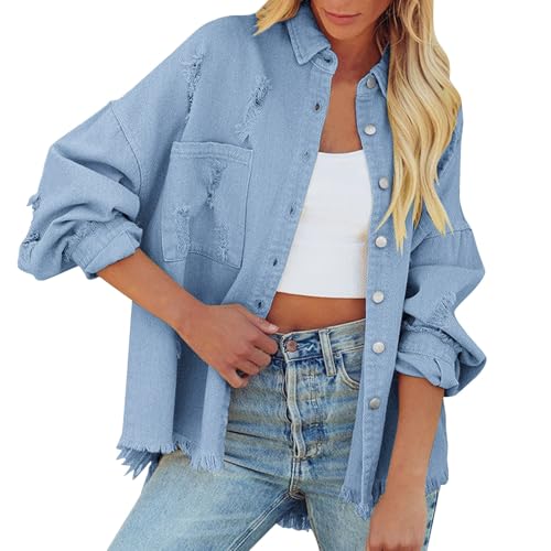 Generisch Damen Übergangsjacke, Jeansjacke Damen Kurze Jacke Denim Jean Mantel Outwear Frühlingsjacke Mit Knöpfen Sommerjacke Distressed Authentics Jean-Jacket Oversized Leichte üBergangsjacke von Generisch