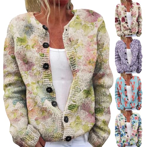 Generisch Damen Ugly Pullover Sweatershirt Weihnachtes Steppjacke Cute Frauen Strickjacke Christmas 3D Digital Bedruckte Mantel Jacke Front Button Sweaterjacke Cardigan Große Größen (Yellow, XXXXXL) von Generisch