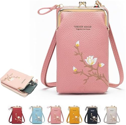 Generisch Damen-Umhängetasche mit Handyhalter, Handytasche mit Kartenfächern und mehreren Fächern (Dunkelrosa) von Generisch