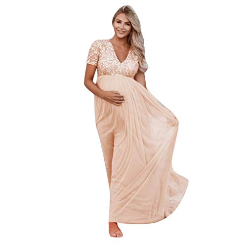 Generisch Damen Umstandsmode V-Ausschnitt Kleid Maxi Kleider für Schwangere Elegant Umstandskleid Pailletten Brautjungfer Spitzenkleid Fotografie Cocktailkleid Mutterschaft Maxikleid von Generisch