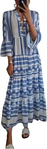 Generisch Damen V-Ausschnitt 3/4 Ärmel Maxikleid Locker Lässig Rüschensaum Kleid Damen Frühling Sommer Mode Sonnenkleider Elegant Plus Size Reise Strandkleid (Blau,M) von Generisch