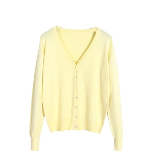 Generisch Damen V Ausschnitt Strickjacke Button Down Langarm Leichte Strickjacke Basic Elegant Weich Strickpullover Tops Pullover für Herbst Winter Hellgelb XL von Generisch