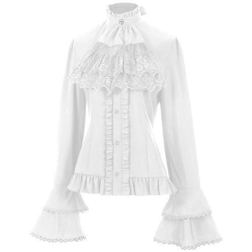Generisch Damen Viktorianisch Bluse Vintage Schleifenhemd Stehkragen mit Rüschen Langarmshirt Mittelalter Bluse Damen Viktorianisch Bluse von Generisch