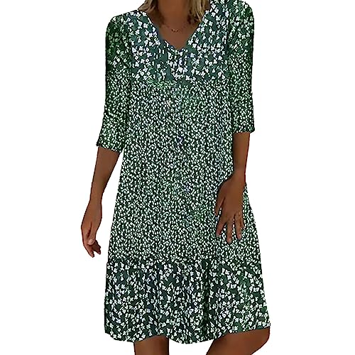 Generisch Damen Vintage Ethnostil Blumenmuster Bohemian Tunika Kleid V-Ausschnitt 3/4 Arm Strandkleider von Generisch