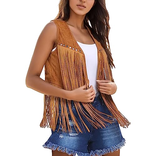 Generisch Damen Western Cowgirl Kostüm Wildleder Weste mit Fransen Cowboy Hut Retro Hippie Cosplay Motto Party Outfits von Generisch